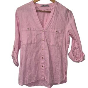 Zara Linen blend Light Pink Button-Down Shirt Size 2